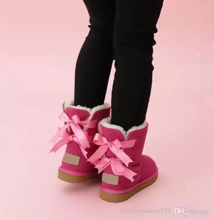 VENTE enfants Bailey 2 nœuds bottes en cuir véritable tout-petits bottes de neige solides Botas De nieve chaussures d'hiver pour filles Toddler Girls Boot