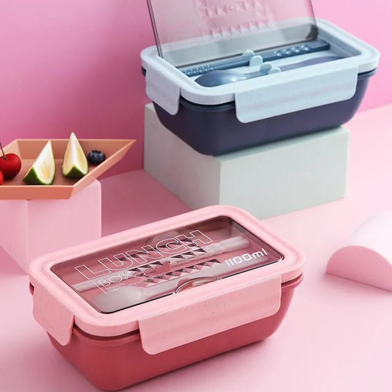 Portable 1100ML Plastic Lunch Box Bento Case Chopsticks Spoons Microwae Heating Leak-Proof Food Storage Container Tableware RRE14590