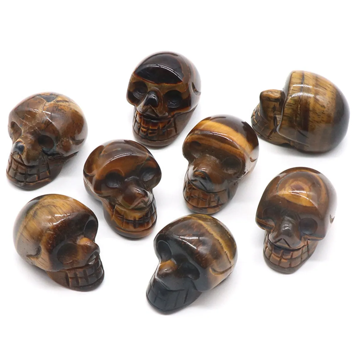 23mm Natural Tiger Eye Skull Head Decor Statue Hand Carved Polished Gemstone Human Skull Figurine Pocket Reiki Healing Stone for Home