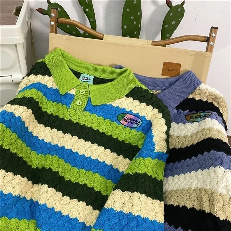 Suéteres para mujer Suéter de rayas con costuras verdes Mujeres Otoño e invierno Cuello de polo Top Dulce y lindo Abrigo de suéter de punto cálido informal 220929