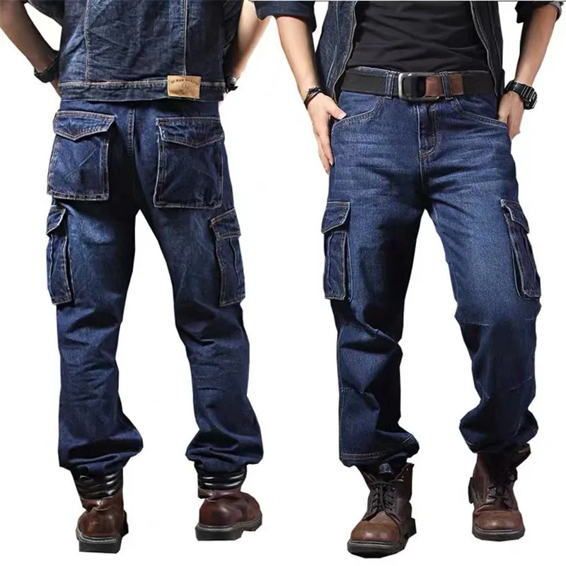 Мужские джинсы Moruancle Мужские повседневные грузовые джинсы брюки с мульти -карманами Тактическая джинсовая джинсовая джинсовая одежда.