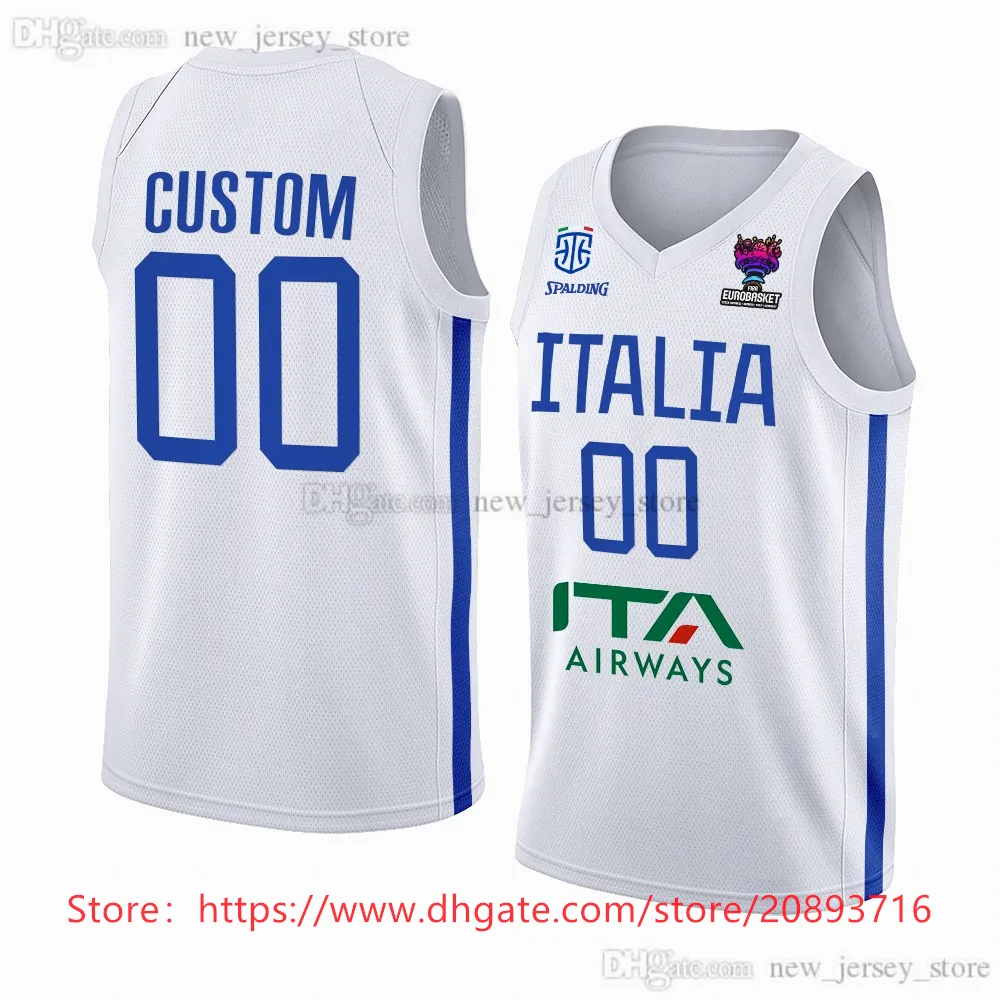 Basketball Maglie da basket EuroBasket Stampato Custom Italia 2022 Bleu Domicile Blanc Extérieur 13 Simone Fontecchio Marco Spissu 1 Nicol Mannion 6 Paul