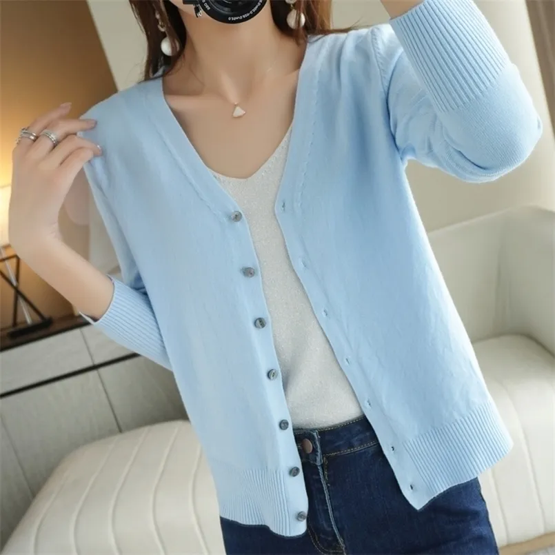 Women's Knits Tees Spring Autumn V-Neck Knitted Cardigan Loose Large Size Thin Sweater All-Match Jacket Pure Color Basic Small 220929