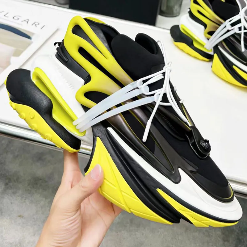 Chaussures de sport jaunes de créateur pour hommes Baskets basses Unicorn en néoprène et cuir Chaussures Bullet distinguées tendance de la mode semelle ultra-épaisse forme OVNI