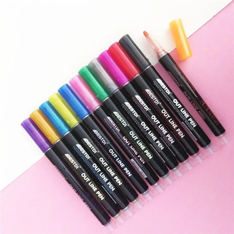 Markers 8/12 Colors Double Line Metallic Color Pen Magic Sketch Marker Glitter for Drawing Painting Scribbling Art School Supplies 220929