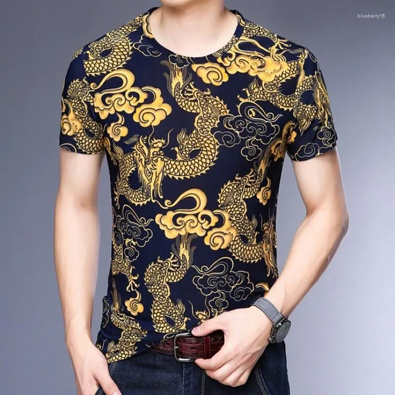 Camisetas masculinas masculinas de verão de verão slim slim shirt shirt dragão dourado tees impressos tops casual o colar de pescoço camisetas machos plus