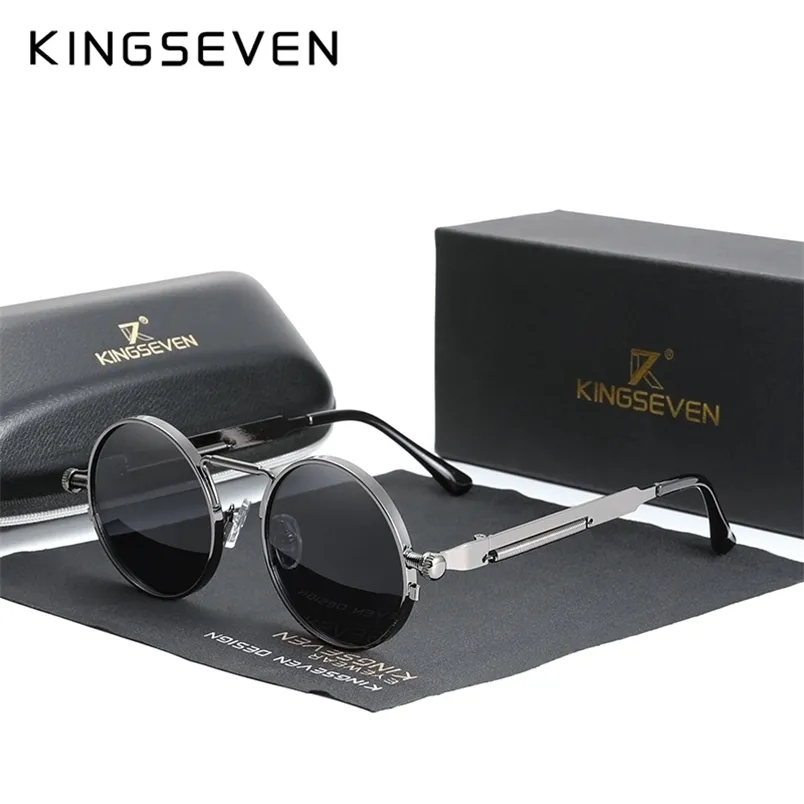 Kingseven yüksek kaliteli gotik steampunk güneş gözlükleri kutuplaşmış erkekler kadın marka tasarımcısı vintage yuvarlak metal çerçeve güneş gözlükleri 220124