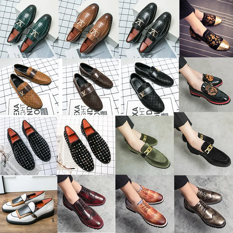 Men's luxury brogue shoes handmade metal buckle decoration two-color stitching rhinestone carving round head fashion business shoes loafers Large Size38-48