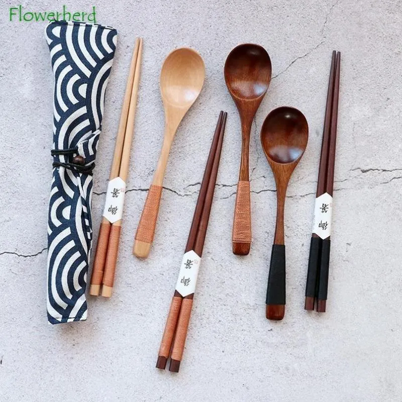 Ensembles de vaisselle de style japonais, cuillère en bois, baguettes, vaisselle portable de voyage, sac en tissu emmêlé
