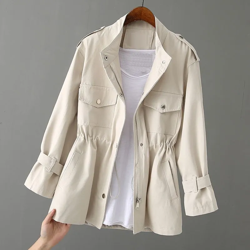 Women s Jackets Trench Coat Autumn Korean Stand Collar Short Loose Female Windbreaker Outerwear With Lining Q47 220929