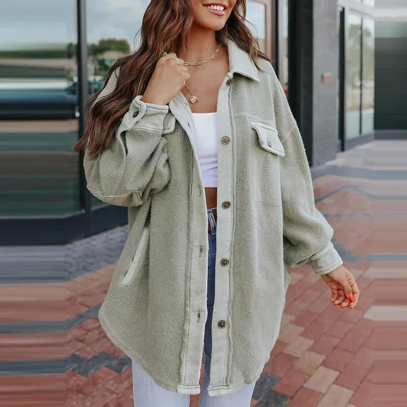 Women's Jackets Women's Vintage Turn-Down Collar Loose Shirt Coat Women 2022 Spring Long Sleeve Fleece Pocket Ladies Outerwear Chaqueta