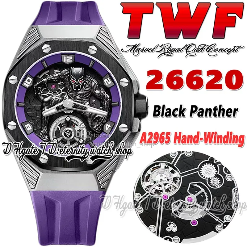 TWF tw26620 A2965 핸드 와인딩 남성 시계 42MM 뚜르비옹 티타늄 스틸 케이스 세라믹 베젤 3D 블랙 팬더 다이얼 퍼플 러버 스트랩 2022 슈퍼 영원 시계