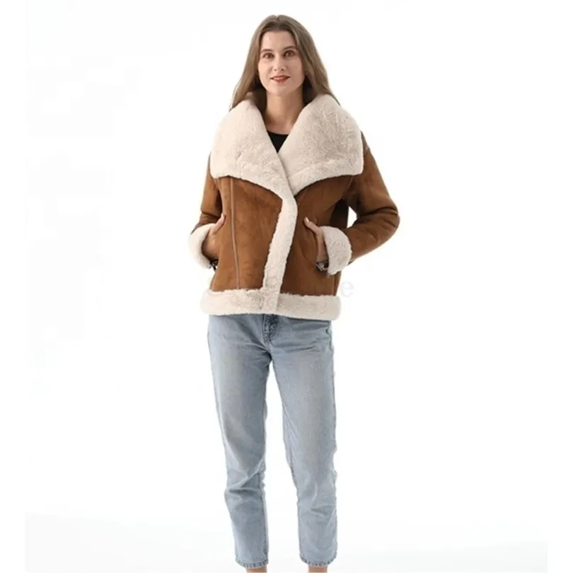 Frauen Pelz Faux Frauen Mode Langarm Dicke Warme Oberbekleidung Reine Farbe Teddy Echt Lamm Mantel Winter Freizeit Zipper 220929