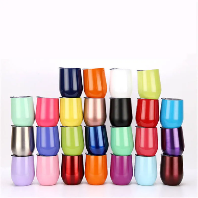 Fast Ship 12oz Wine Tumblers Egg Tumbler Stemless Tumbler Rostfritt stål Dubbelmurat med lock blandade färger Alternativ