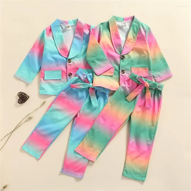 Kledingsets 2-7 jaar baby Kinderen babymeisjes Tie kleurstofkleding set lange mouw jas tops broek 2 stks kleurrijke lente herfst outfits