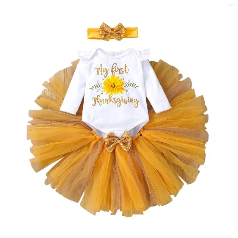 Ensembles de vêtements 3 pcs enfant en bas âge Thanksgiving Day tenues lettre fleur imprimé manches combishort jupe en tulle avec bandeau à paillettes