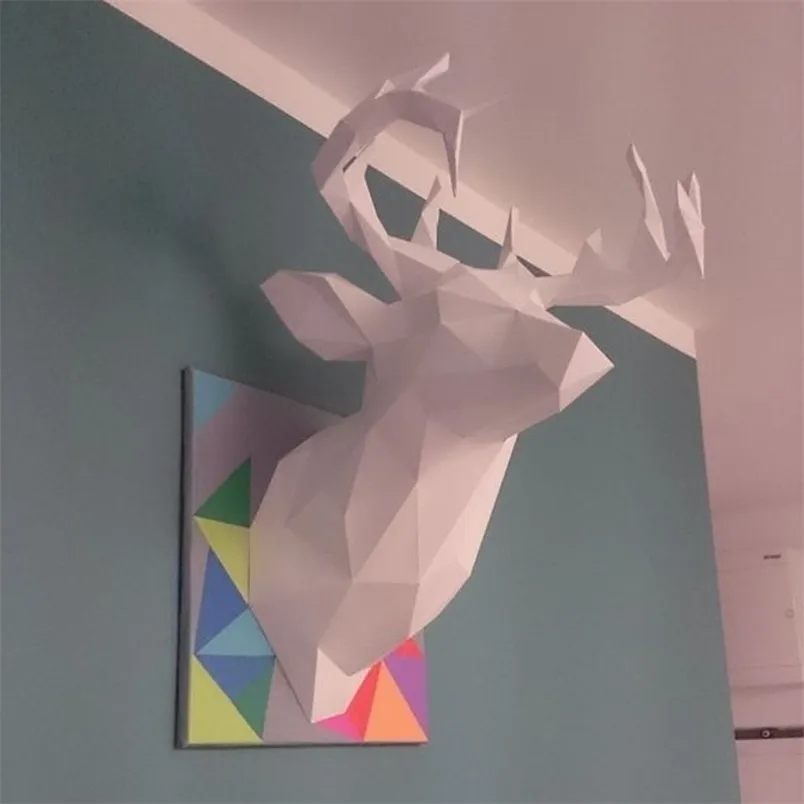 Decorative Objects Figurines Deer Head Trophy Papercraft 3D Paper Model 3 Color Geometric Origami Paper Sculpture for Home Decor Wall Decoration Crafts 220928