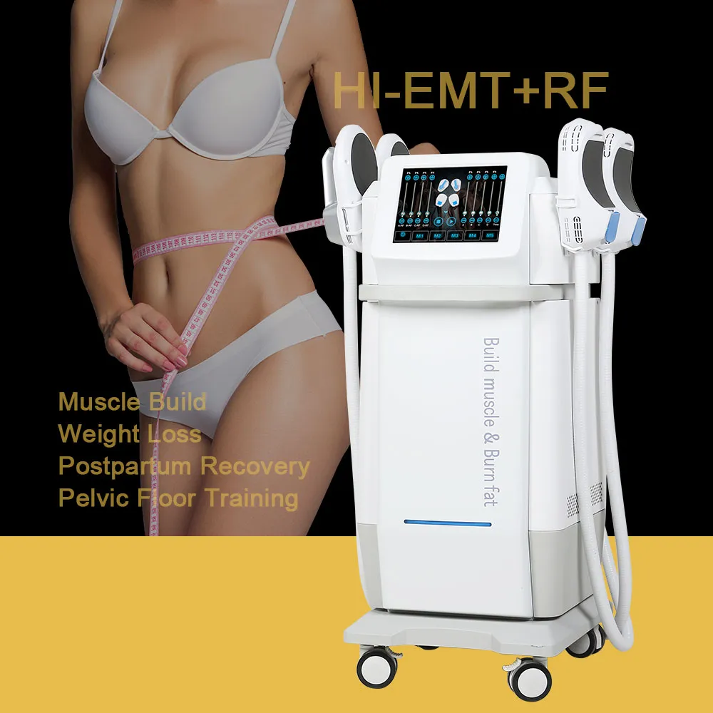 EMS Slimming Machine Vet Verwijdering Buikspier Trainer 4 Handgrepen Hi-EMT RF Cellulitis verliesapparatuur Spieropbouw Radiofrequentie Emslim Apparaat Butt Lifting