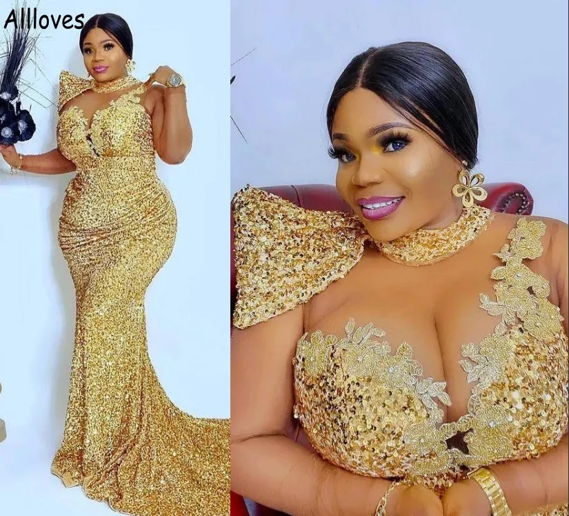 Splendidi abiti da sera con paillettes dorati collo alto arabo Aso Ebi eleganti applicazioni di pizzo sirena abiti da festa di ballo formale plus size abito per occasioni speciali CL1203