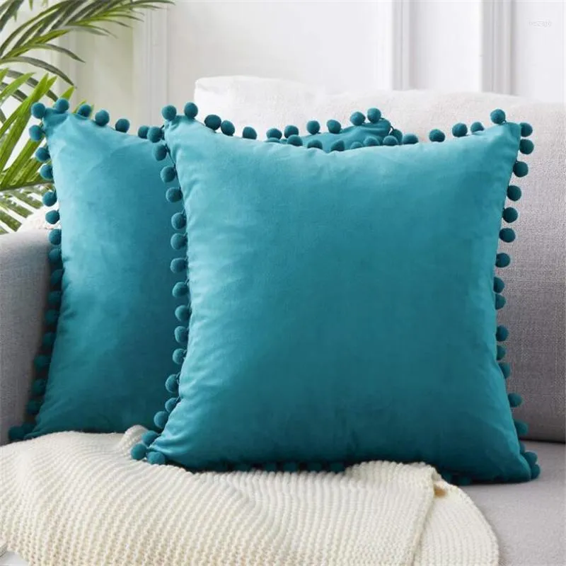 Cuscino Fodera in morbido velluto Pom-poms Cuscini decorativi quadrati di lusso con palline per divano letto Car Home Throw