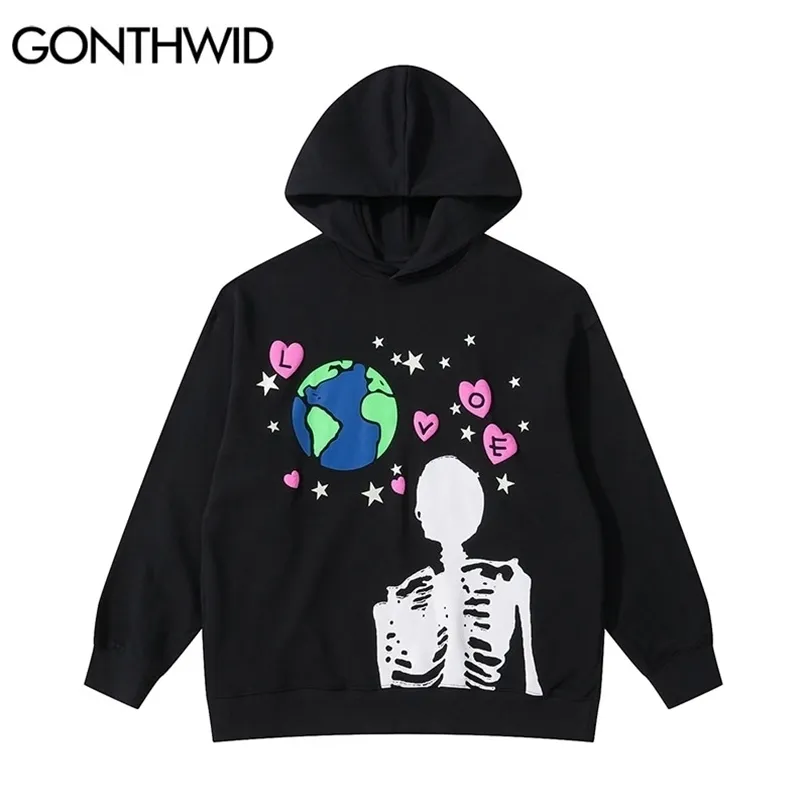 Men's Hoodies Sweatshirts GONTHWID Hip Hop Hoodie Sweatshirt Streetwear Earth Skeleton Print Punk Gothic Hooded Winter Harajuku Cotton Pullover Black 220929