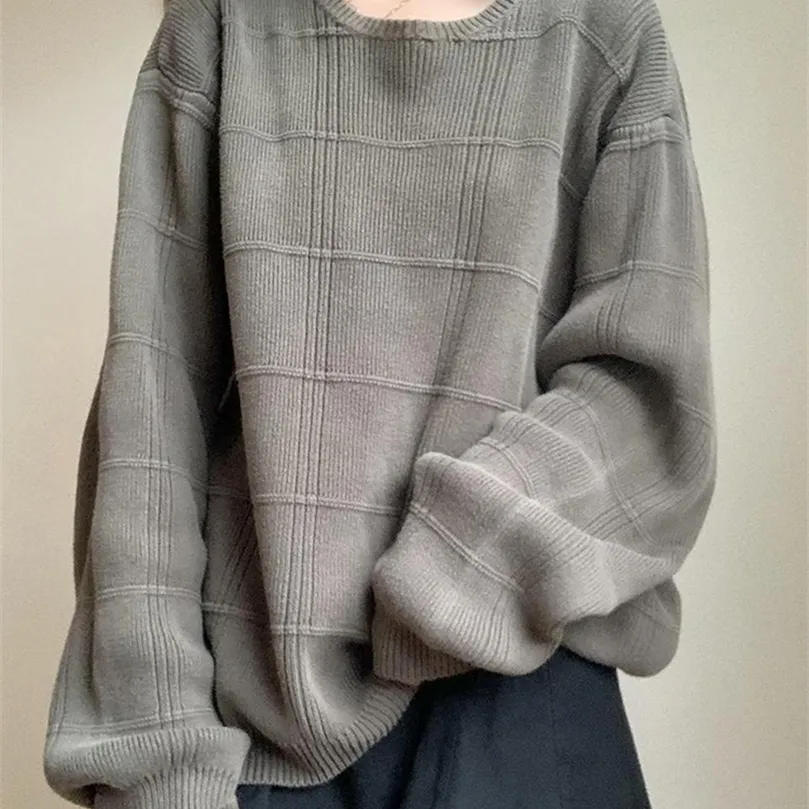 Womens Oversized Pullover Sweaters Waatfaak Plaid Knit Crewneck