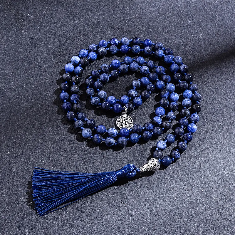 Beaded Halsband 108 MALA Natural Sodalite Lapis Lazuli Handgjorda p￤rlknotmeditation Yoga Jubileum Big Buddha Head Tassel Long Necklace 220929