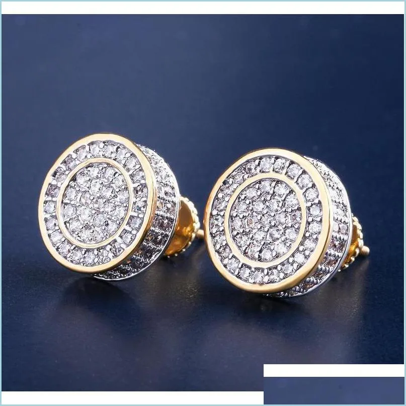 Orecchini a perno 12mm ghiacciati Bling Cz Orecchino tondo Orecchini a bottone placcati in oro color argento Orecchini a vite Moda Hip Hop Gioielli Pl9Tk Consegna a goccia Otowj