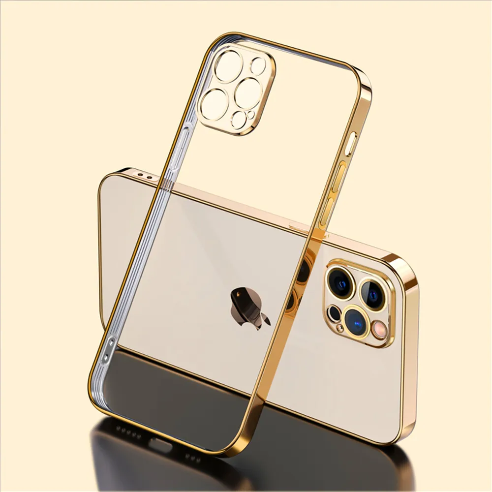PLATING Square Frame Clear Silicone Case för iPhone 11 12 13 14 Pro Max Mini XR X XS 7 8 Plus Case Transparent Back Cover