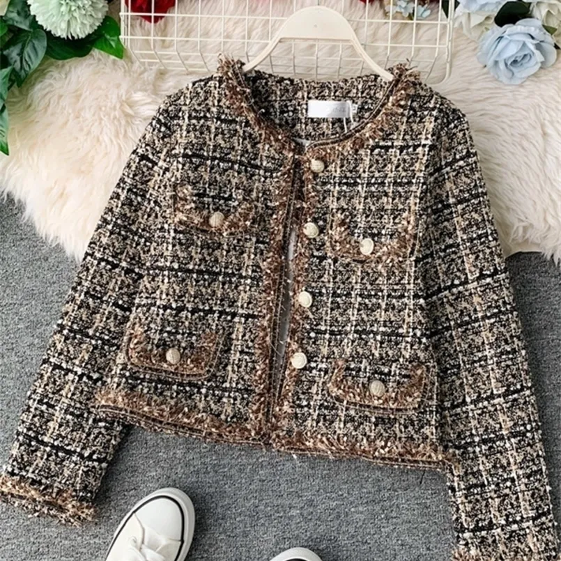 Women s Jackets Autumn Winter Vintage Tweed Jacket Coat Women Small Fragrance Patchwork Korean Woollen Cropped Coats Elegant Short Outerwear 220929