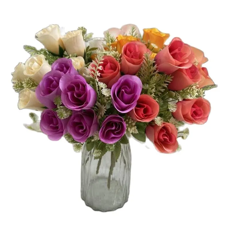 En faux blomma v￥ren rosebud 7 stj￤lkar per grupp simulering rosa plast gipsophila f￶r br￶llop hem dekoratve konstgjorda blommor