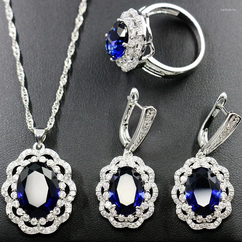 Necklace Earrings Set Wholesale Blue Austrian Crystal & Cubic Zircon Silver 925 Jewelry For Women Drop Ring