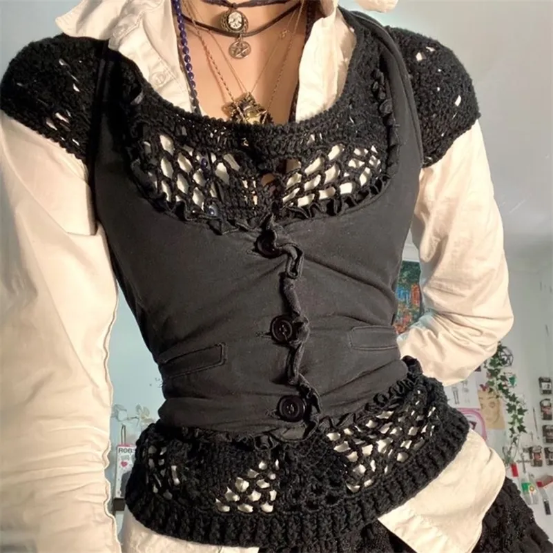 Women's Vests Doury Goth Ruffles Frill V Neck Mini Vest Punk Vintage Button Corset Top Sleeveless Skinny Waistcoats Grunge Fairycore Women 220928