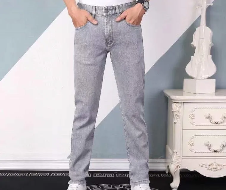 Jeans klassiska herrmodemärke hiphop jeansbyxor högkvalitativ dragkedja Högt tvättat tyg mjukt resår Brevemblem broderibyxor A003