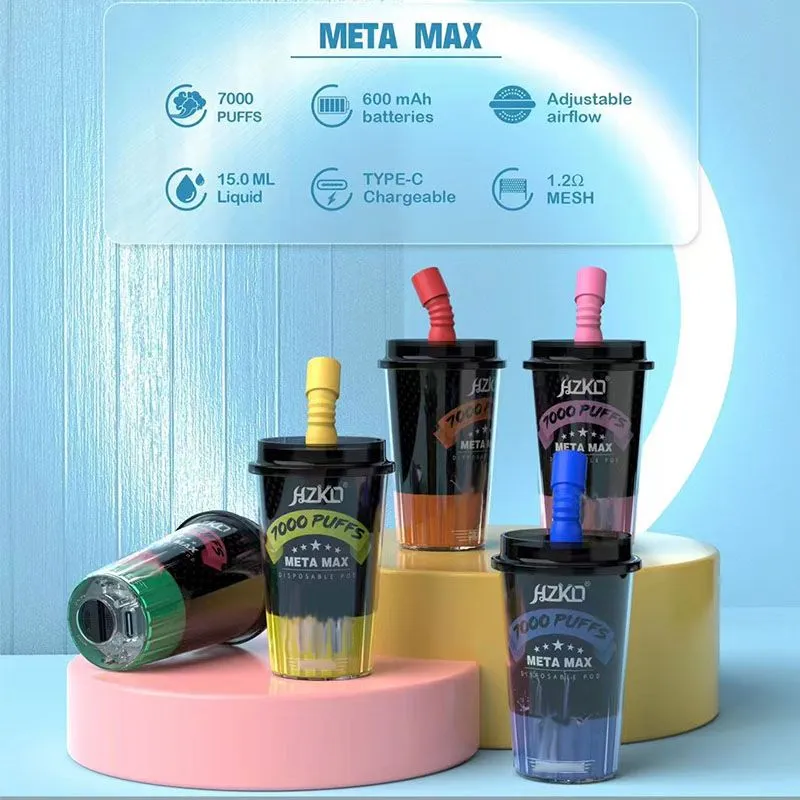 Original Hzko Meta Max 7000Puffs engångs e-cigaretter POD-enhet 15 ml kapacitet 600mAh VAPE RECHAREBLEABLE Type 1.2 Mesh Air Flow Idol Max Max