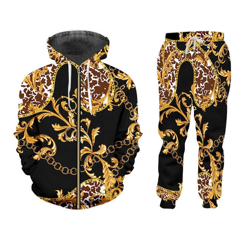 Tute da uomo IFPD Tuta da uomo Giacche stile barocco e pantaloni da jogging Set Stampato in 3D Golden Floral Luxury Donna Tute in 2 pezzi Streetwear G220927