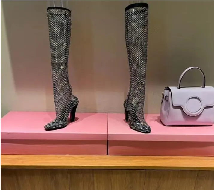 2022 Designer de luxo 68 Botas de malha de diamante de água Suraco de salto alto e elástico Mulheres altas tamanhos 35-41