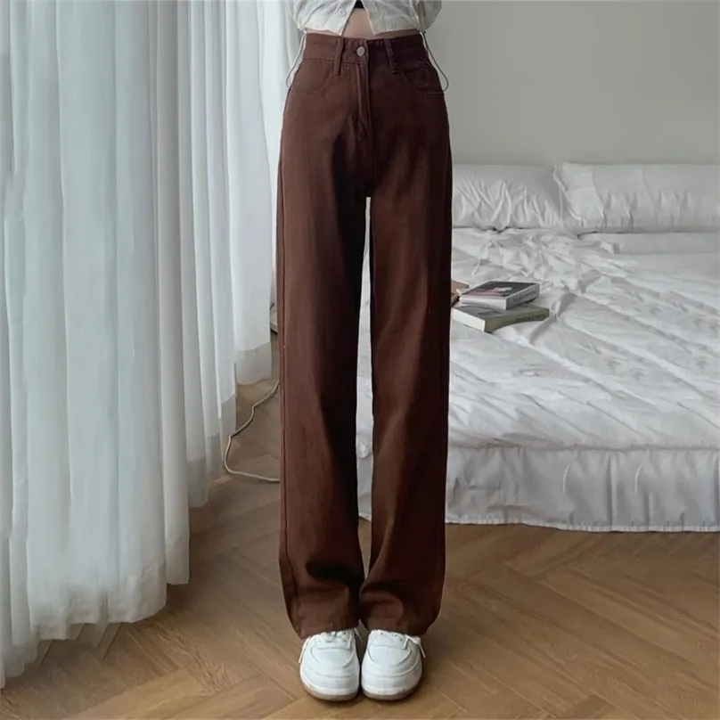 Женские джинсы Летние женские коричневые свободные прямые широкие брюки с высокой талией Y2k Повседневная уличная одежда Винтажные мешковатые брюки 220928