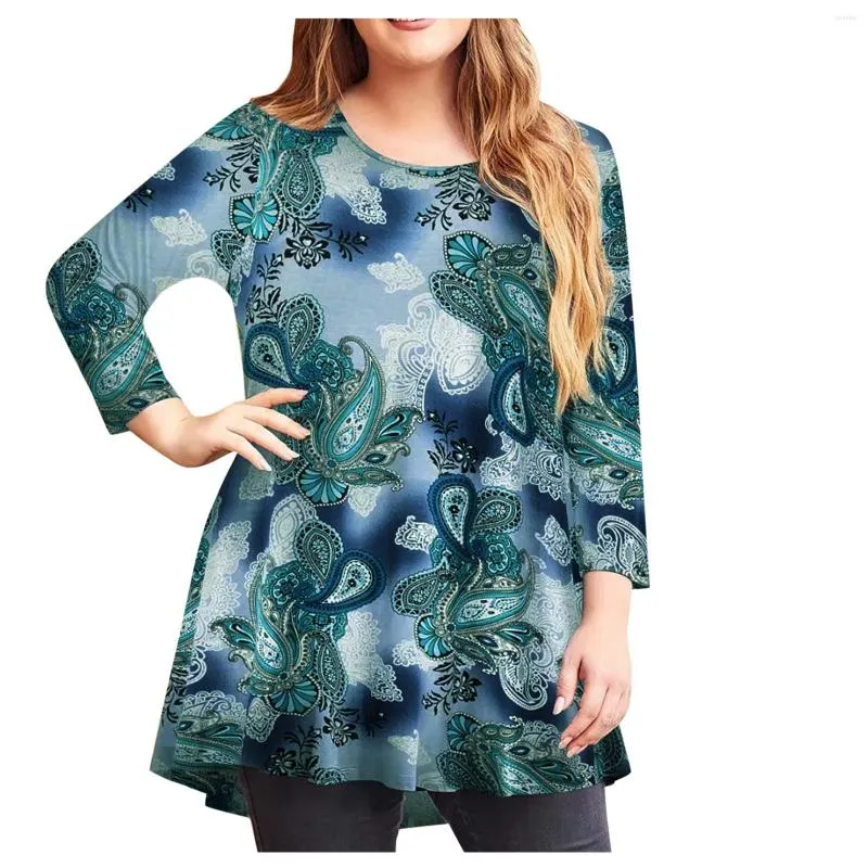 Blouses femmes femmes à manches longues tunique haut coupe ample T-shirt évasé femmes grande taille col rond imprimé Blouse Ropa De Mujer