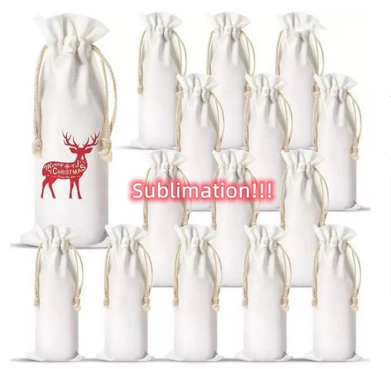 Sublimation 14x5.5inch Christmas Decorations Blank Wine Bottle Bags with Drawstrings Reusable gift bag Bulk for Halloween Xmas DIY Wedding Birthday Party