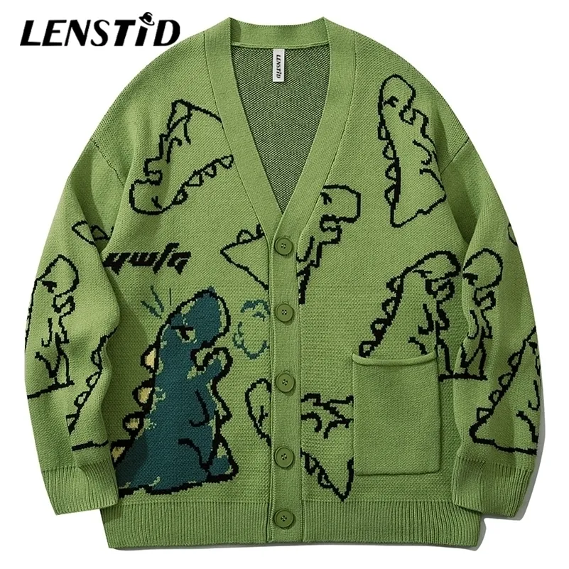 Męskie swetry Lenstid jesienne mężczyźni dzianina swetra Hip Hop Cute Dinosaur Jumper Sweater Streetwear Harajuku mody mody na dzianinu płaszcze 220930