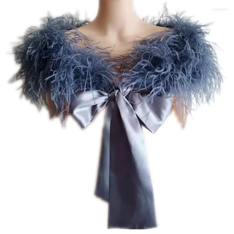 Écharpes Gris Véritable Plume D'autruche Étole Vintage Wraps Accessoires De Mariée Robe Blanche Soirée Shrug Écharpe 6 Couleurs