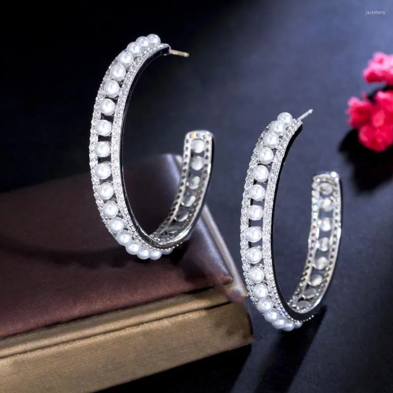 Hoop Earrings BeaQueen Graceful Pearl Big Cuf Micro Cubic Zirconia Pave Silver Plated Jewelry For Women Wedding Dinner Gift E528