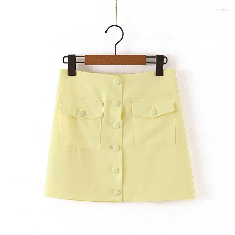 Skirts Summer Mini Womens 2022 Yellow Pencil Chiffon Skirt Streetwear Ladies High Waist Preppy Bodycon Button Up