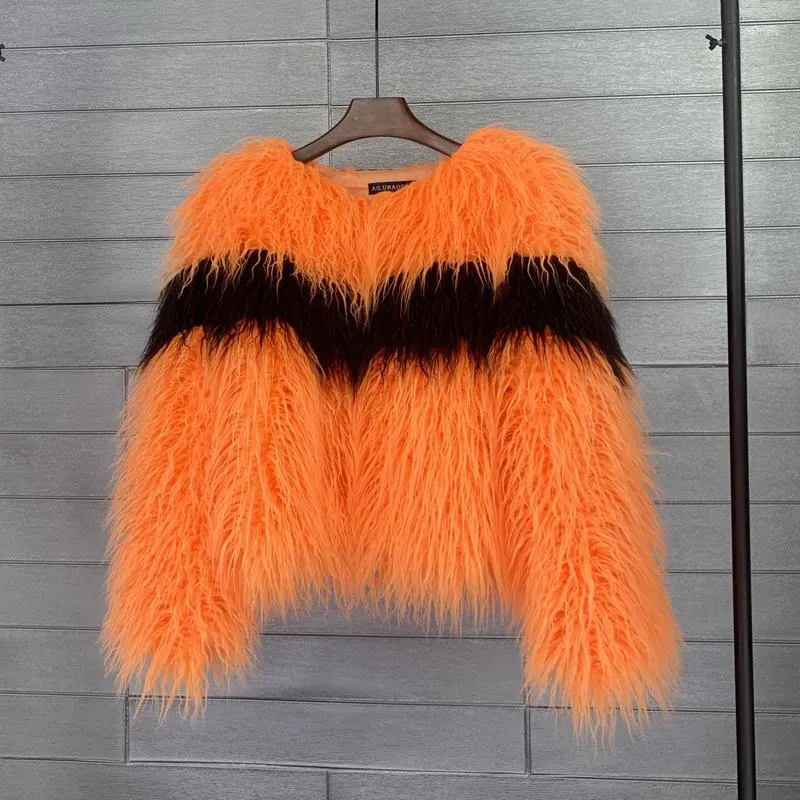 Women's Fur HJQJLJLS 2022 Arrival Women Fashion Colorful Faux Mongolia Sheep Coat Female Long Sleeve O-neck Fluffy Furry Jacket