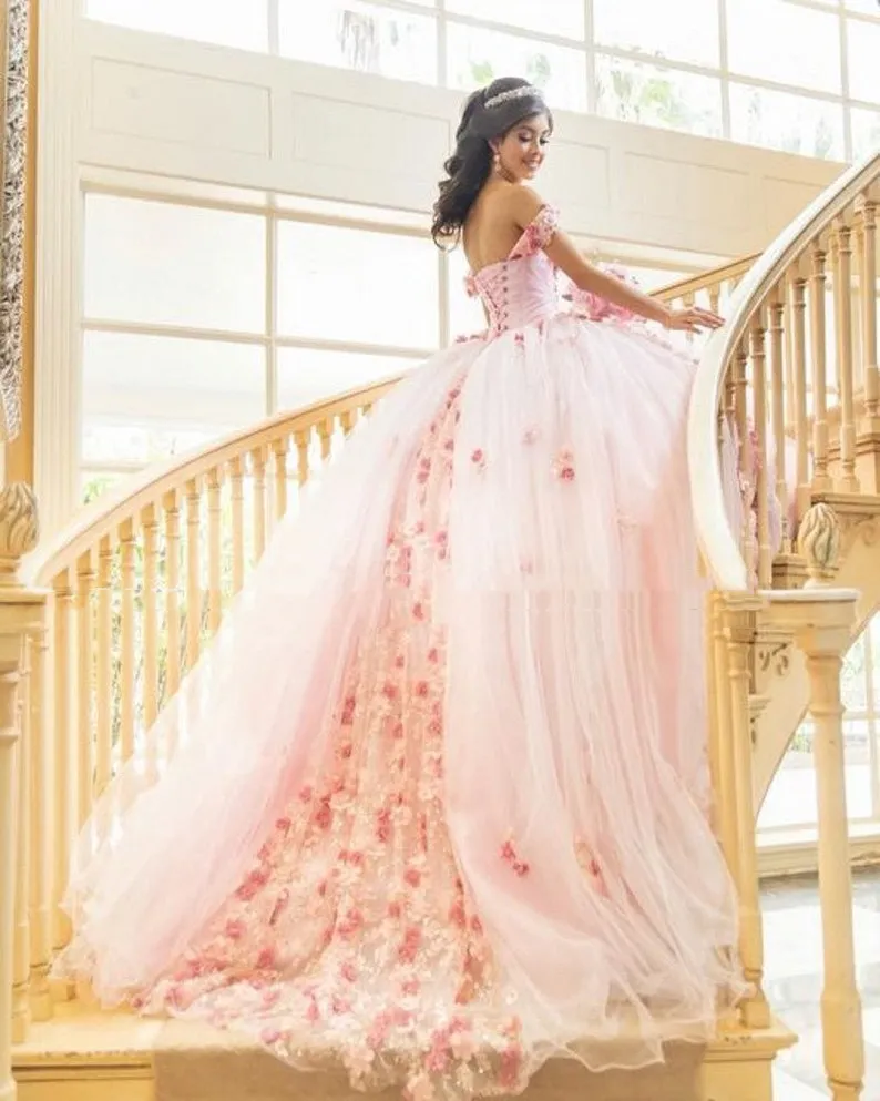 Vestidos De Quinceanera De Tul Rosa Con Cordones Con Cordones De