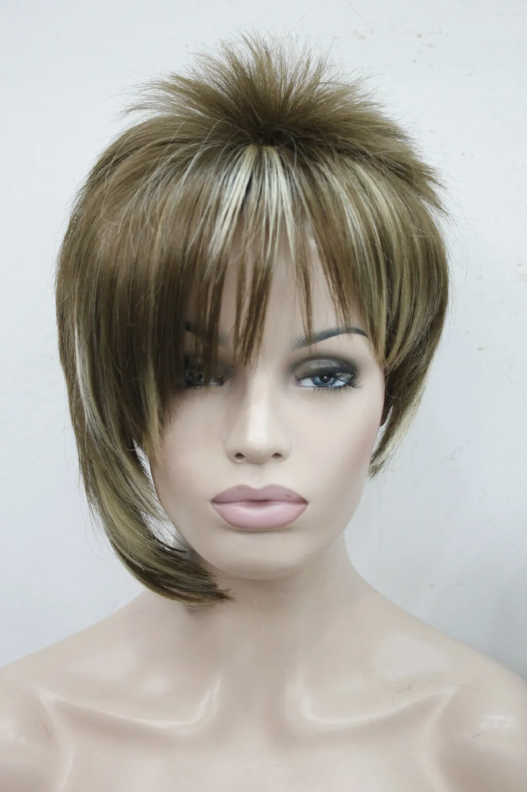 Asymmetric brown blonde mix side bangs short straight synthetic hair women's wig