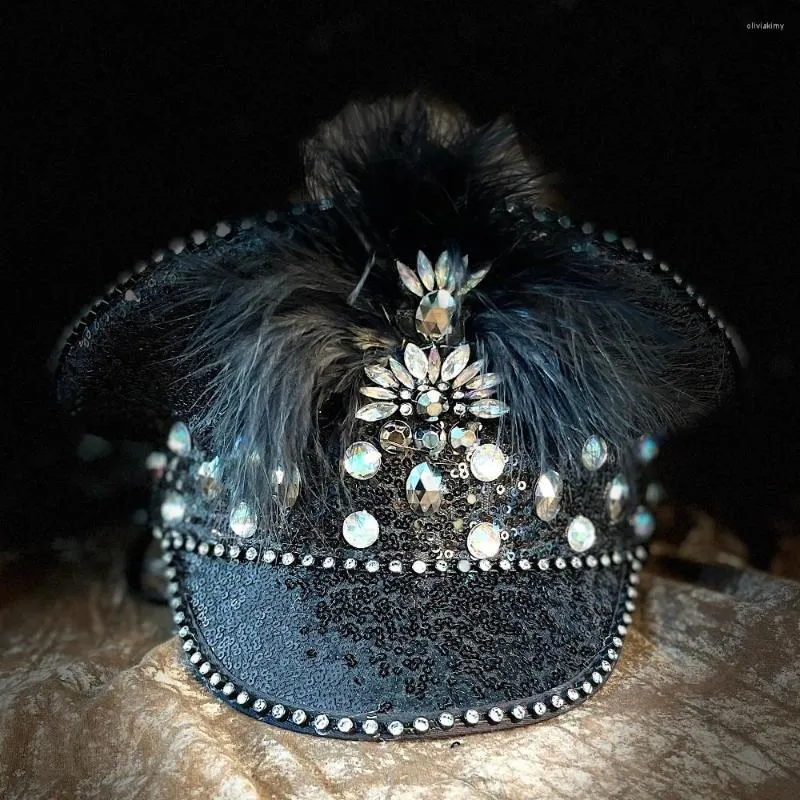 BERETS Fashion Women Feather Captain Hat Bride Sequin Octagonal Sergeant Hen do Festival Födelsedagsdel