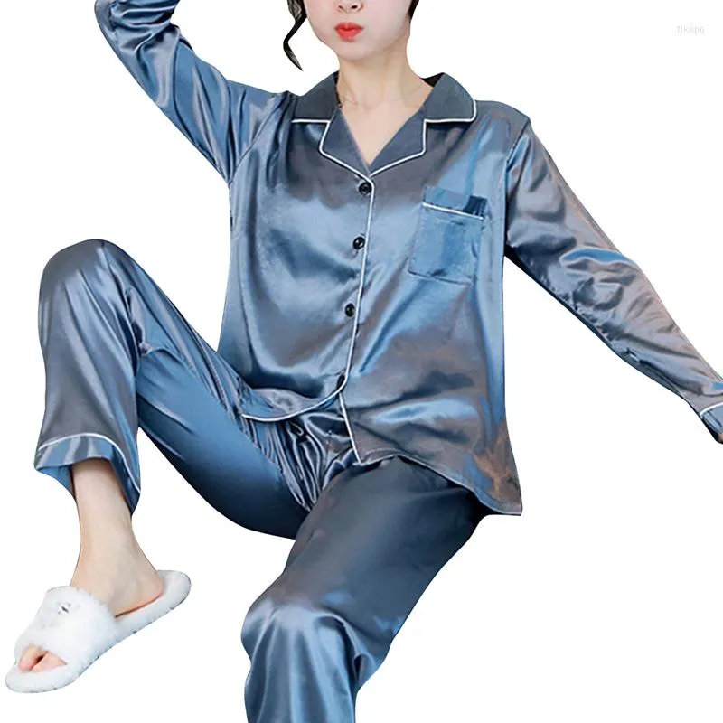 Home Clothing Women's Pajamas Sleepwear 2022 Spring Long Sleeve Mujer Pijamas Sexy Nightwear 2 PCS Silk Satin Pyjamas Sets For Woman