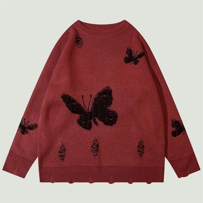 Herrtröjor Vintage Butterfly Sticked Jumper Mens Hip Hop Harajuku Ripped Pullovers Overdimensionerade Casual Loose Tops Fashion Streetwear 220930